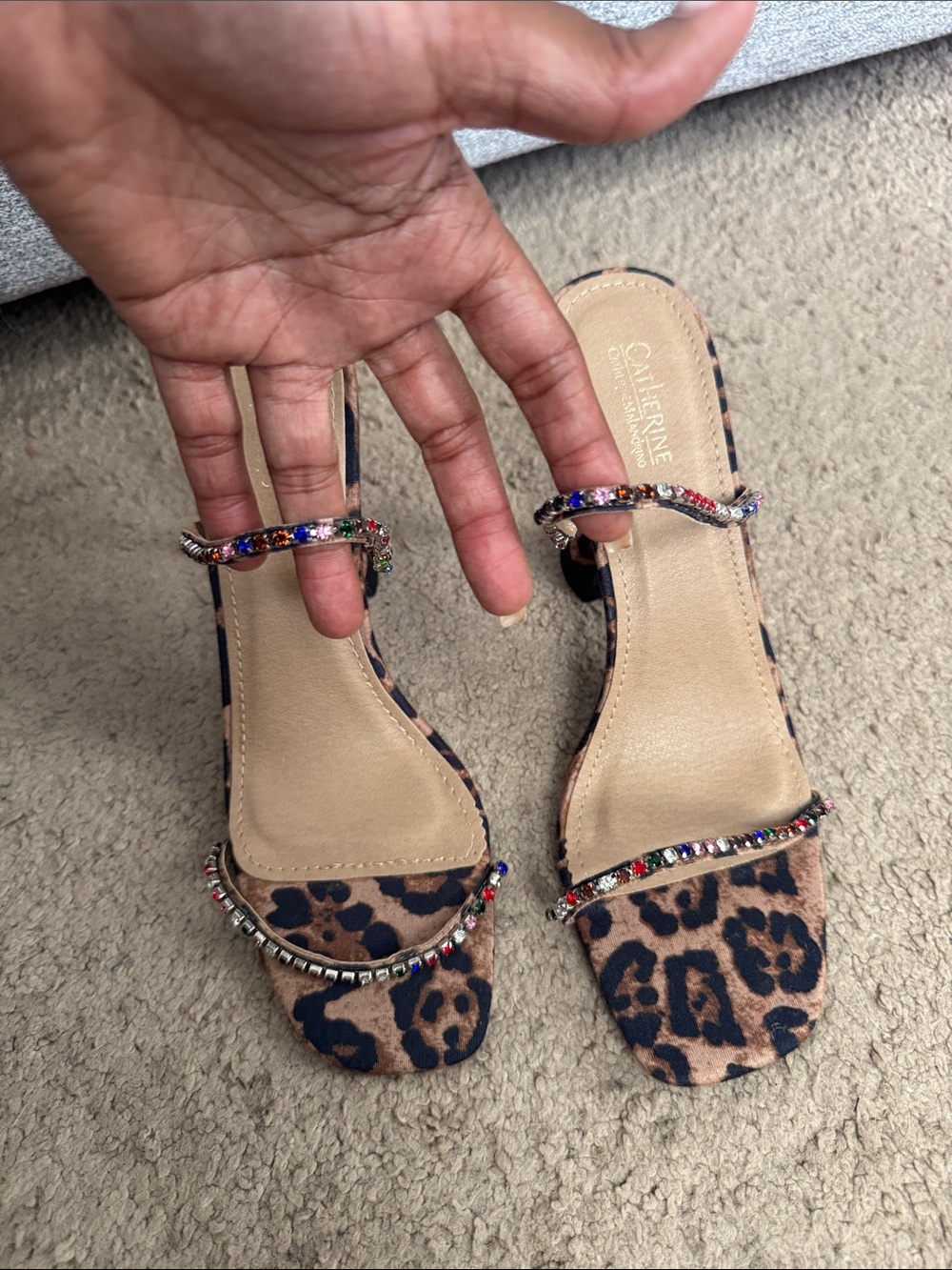 Catherine Malandrino Leopard Print Gem-Strap Heels - Tan & Black